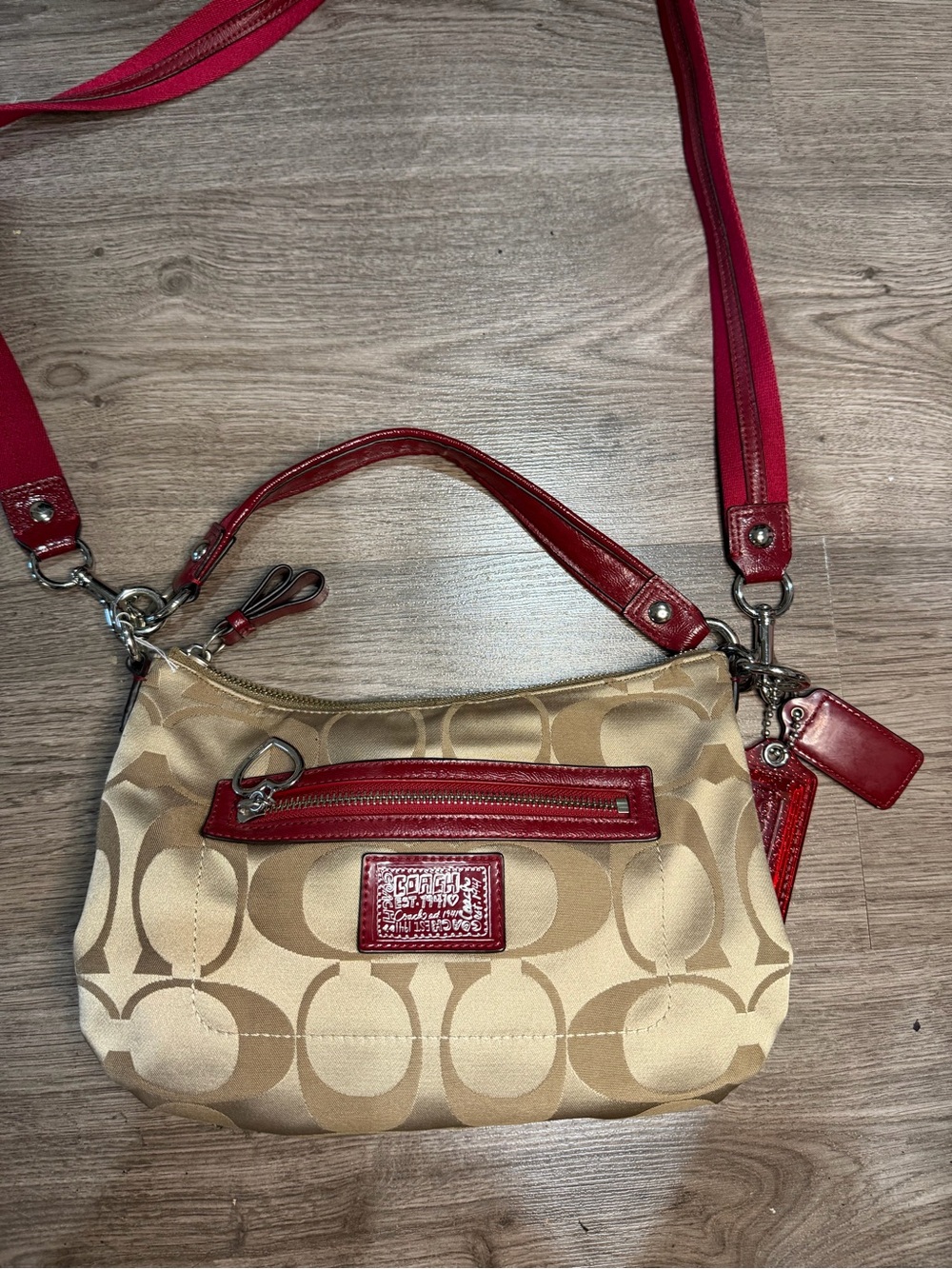 Coach Beige Signature Canvas Crossbody with Red Trim